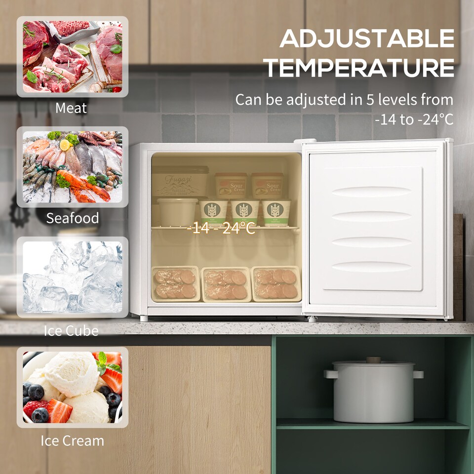 image 1 of HOMCOM Tabletop Mini Freezer with 35 Litre Capacity, Small Lockable Freezer with Reversible Door, Two Keys, Adjustable Temperature and Removable Wire Shelf for Bedrooms, Home Office, White | White
