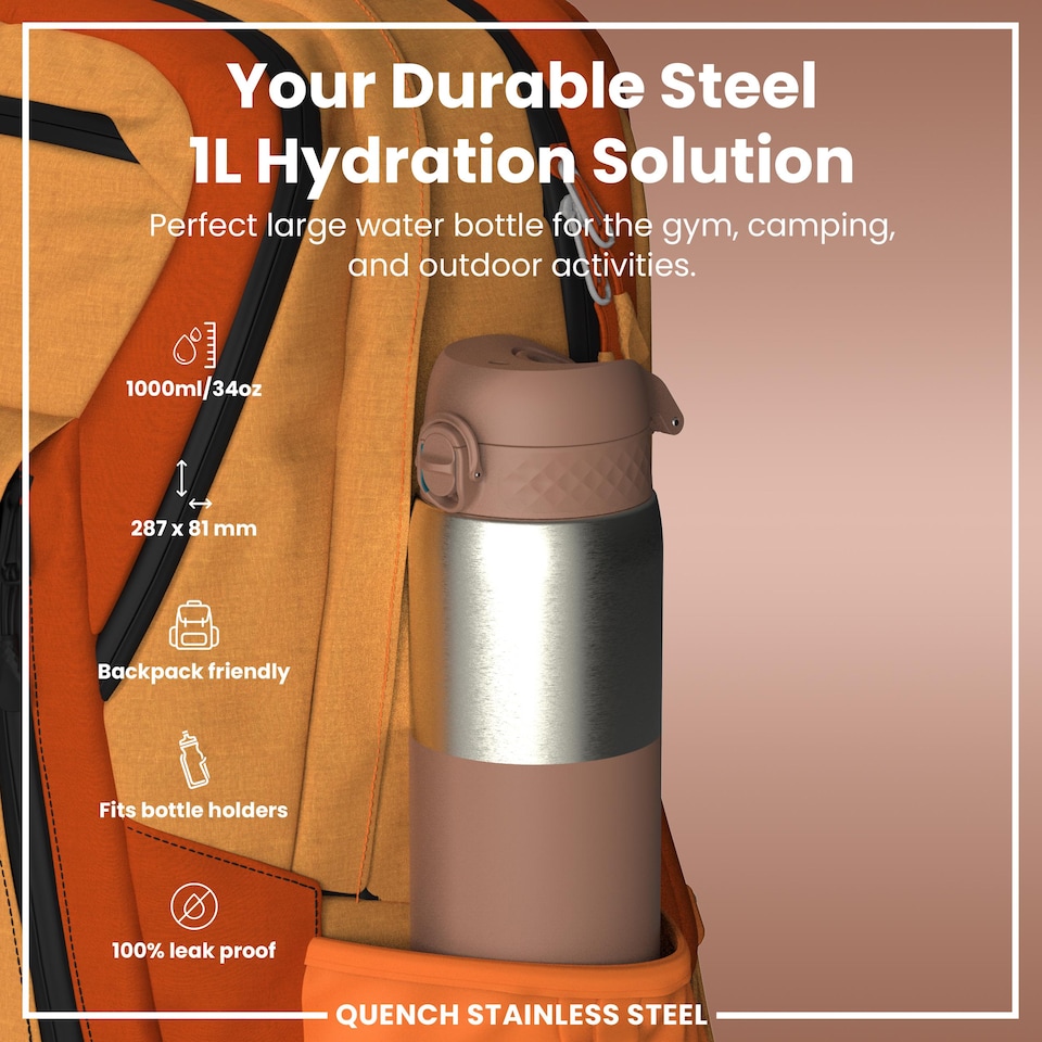 image 1 of Leak Proof 1 Litre Water Bottle, Stainless Steel, 1200ml (40oz)