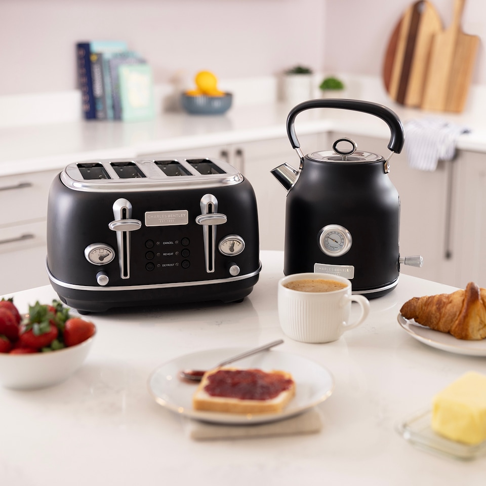 image 1 of Charles Bentley 1.7L Kettle & 4 Slice Toaster Set in Matt Black and Silver
