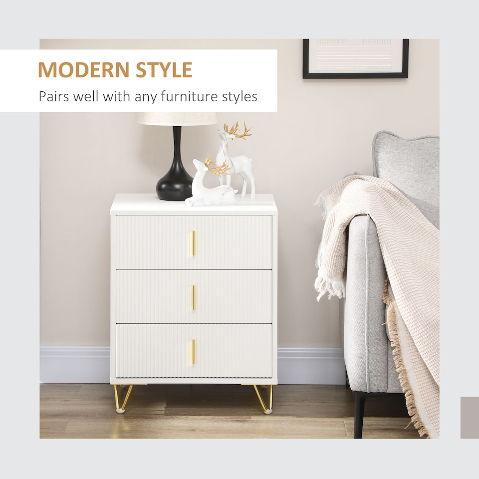 image 1 of HOMCOM Modern 3 Drawer Dresser, Fluted Bedroom Dresser Chest of Drawers with Metal Legs and Steel Handles for Bedroom, White