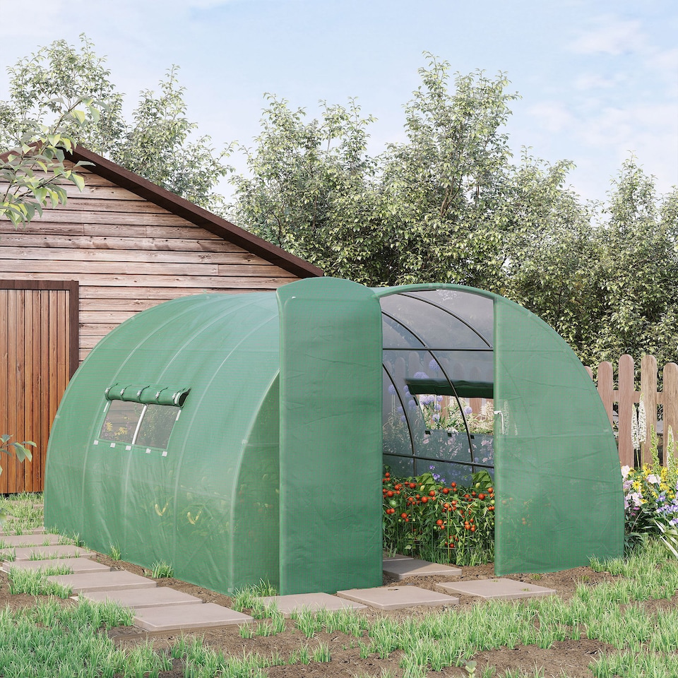 image 1 of Outsunny 4 x 3M Walk-in Garden Polytunnel Greenhouse Galvanised Steel W/ Door | Green