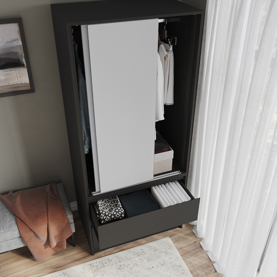 image 1 of URBNLIVING 2 Sliding Door Wardrobe With 2 Drawers And Hanging Rail | Black | White Doors | 1