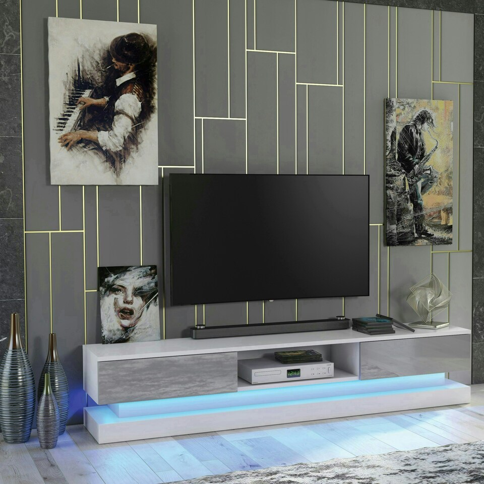 image 1 of TV Unit 180cm Grey Gloss Fronts White Matt Body with LED Platform White | Grey