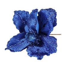 Royal Blue Velvet Magnolia with Glitter Edge Artificial Flower Decoration 26cm