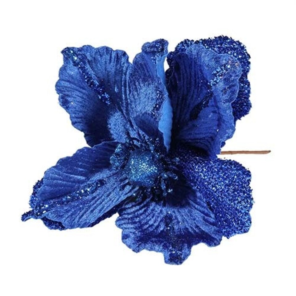 Royal Blue Velvet Magnolia with Glitter Edge Artificial Flower Decoration 26cm