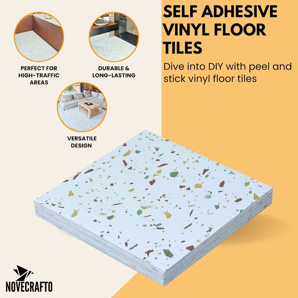 image 1 of NOVECRAFTO Vinyl Floor Tiles Self Adhesive – 18x18in Peel and Stick Large Square Flooring for Kitchen, Bathroom & Living Room – White Grey Terrazzo Effect White | 4.18 sqm