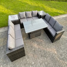 Fimous U Shape Rattan Gardern Furniture Dining Sofa Set Adjustable Rising Dining Table With 2 Side Coffee Table