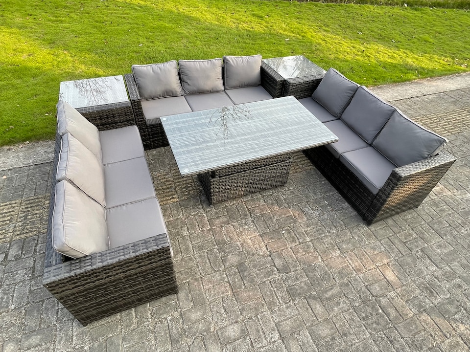 image 1 of Fimous U Shape Rattan Gardern Furniture Dining Sofa Set Adjustable Rising Dining Table With 2 Side Coffee Table