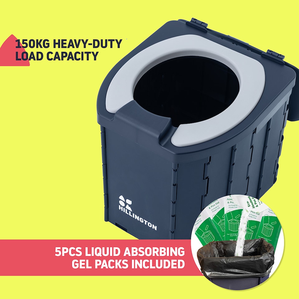 image 1 of Hillington Portable Camping Toilet 150kg - Foldable with Padded Seat & Complete Accessory Kit - Blue