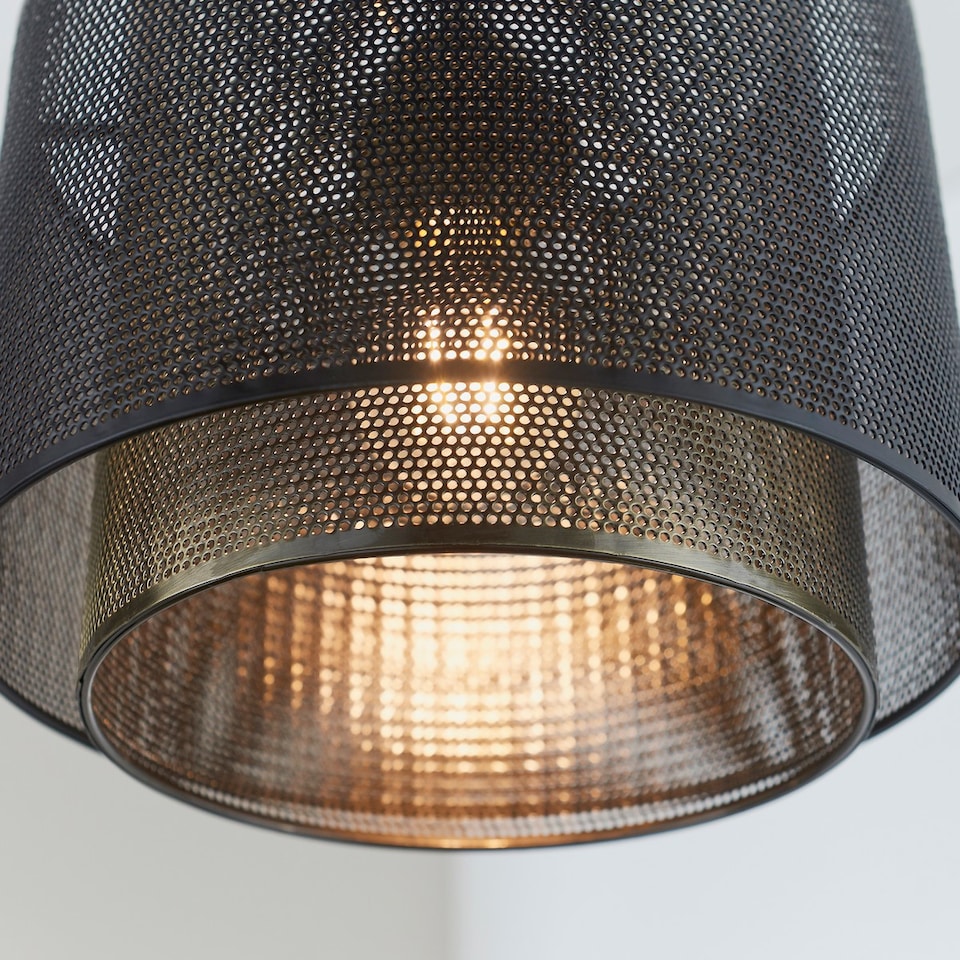 image 1 of Plexus 34cm Cylindrical Pendant Matt Black Paint, Antique Brass Mesh , E27