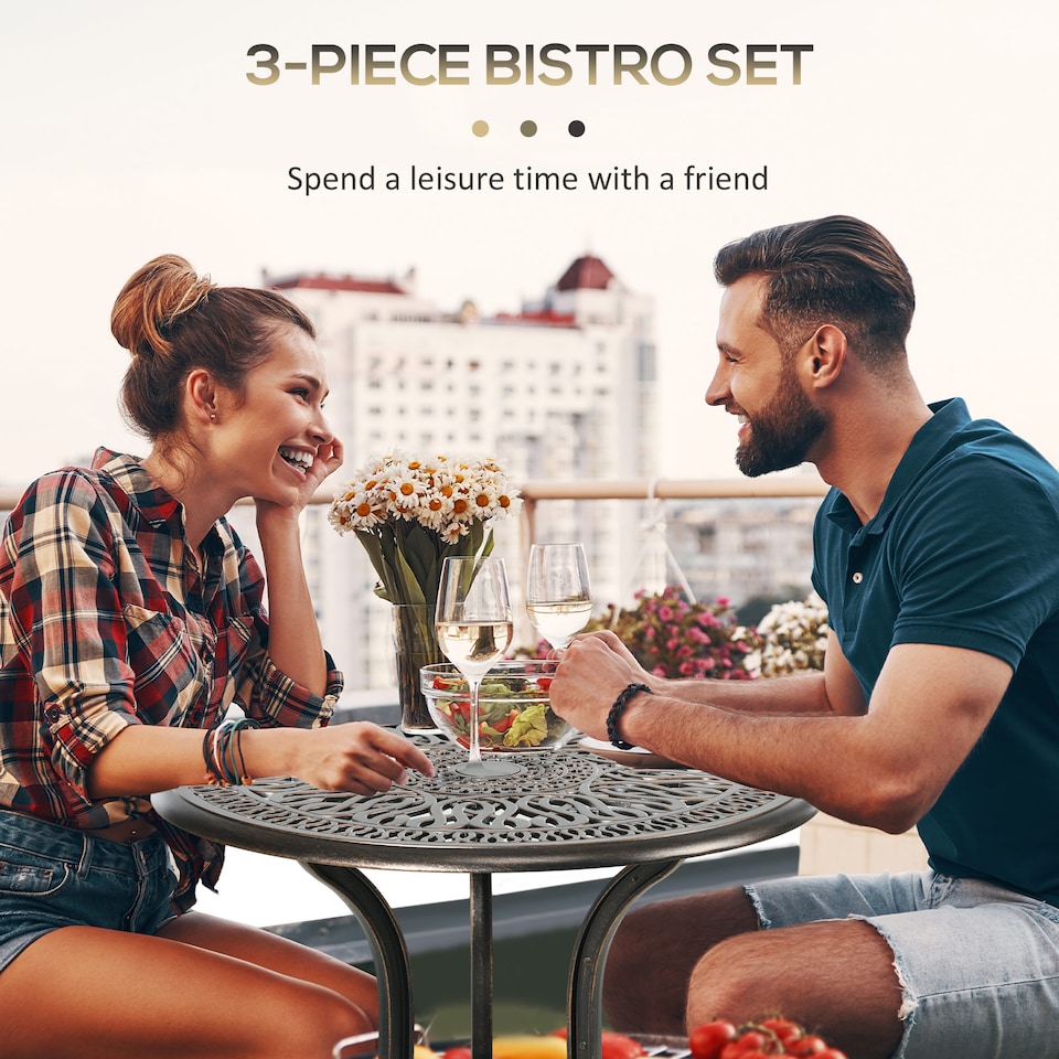 image 1 of Outsunny 3 Piece Garden Bistro Set, Cast Aluminium Outdoor Furniture Set with Umbrella Hole for Balcony, Porch, Patio, Bronze Tone