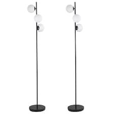 First Choice Lighting Pair of Black Floor Lamp with Opal Globe Shades Black