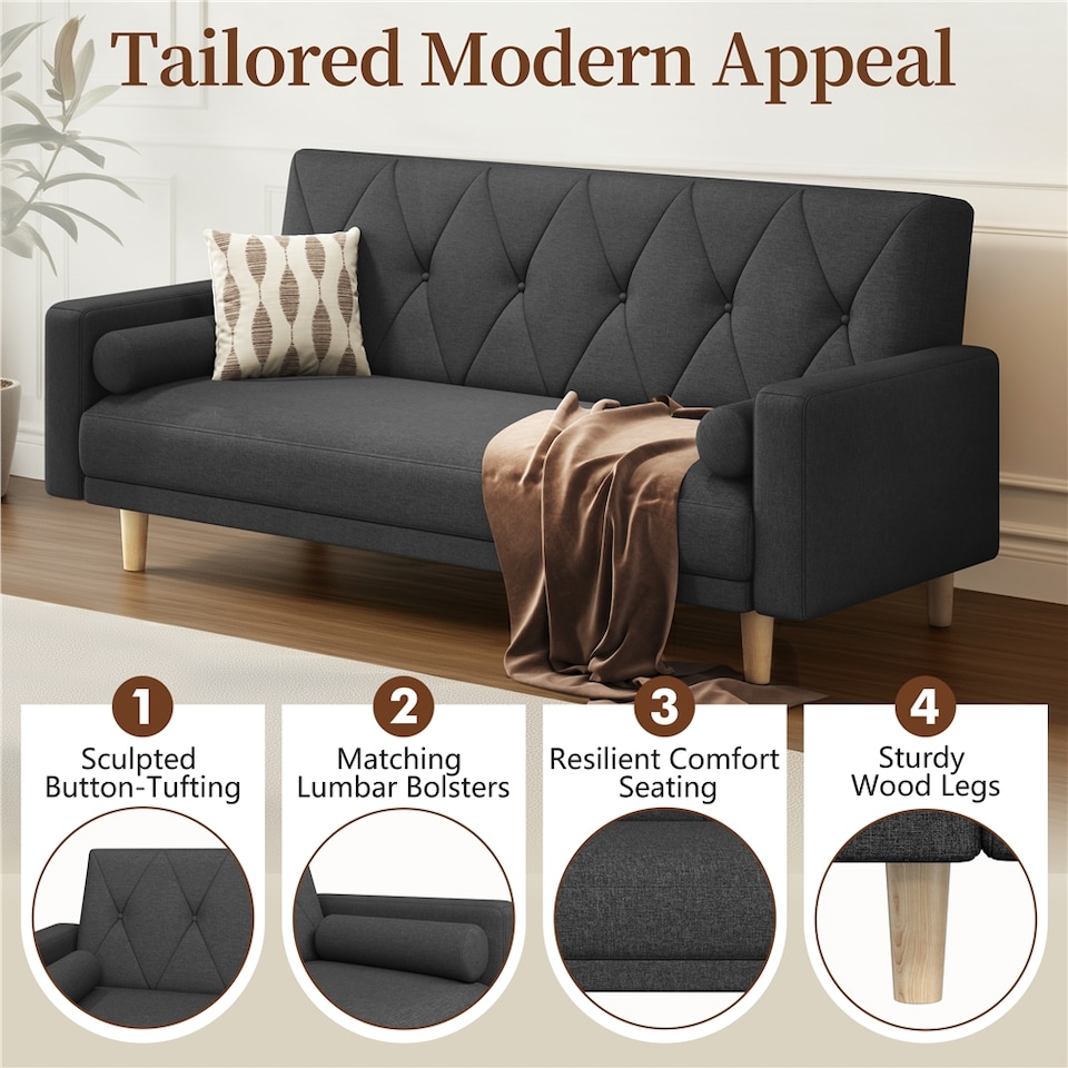 image 1 of Yaheetech Fabric Convertible Sofa Bed with 2 Bolster Pillows-Black