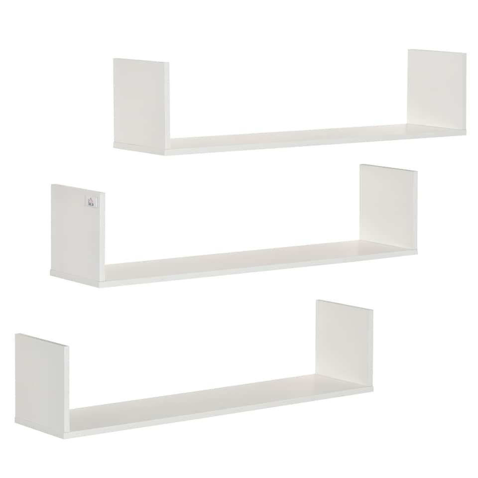 image 1 of HOMCOM Set of 3 Wooden U-Shaped Floating Shelves Set, 80cm Wall Mounted Hanging Bookshelf, CD DVD Storage Display for Bedroom Living Room Kitchen, White