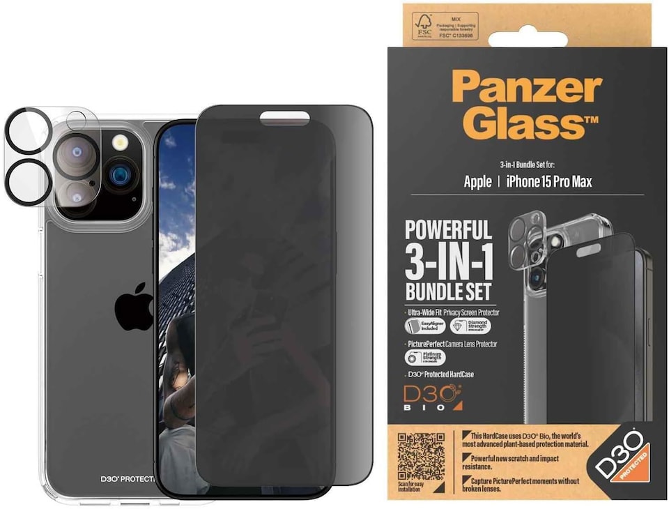 image 1 of Panzer Glass Privacy Powerful 3 in 1 Bundle Pack for iPhone 15 Pro Max 6.7 - B1175+P2812