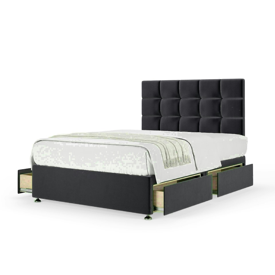 Graphite Plush Velvet 4 Drawer Divan Base and Pearl Headboard Double