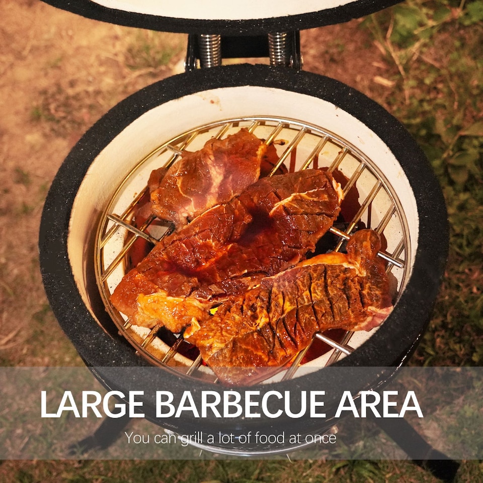 image 1 of Alivio Ceramic Kamado Charcoal BBQ Grill & Smoker with Thermometer, Egg Style Outdoor Barbecue for Grilling, Smoking & Roasting 13"