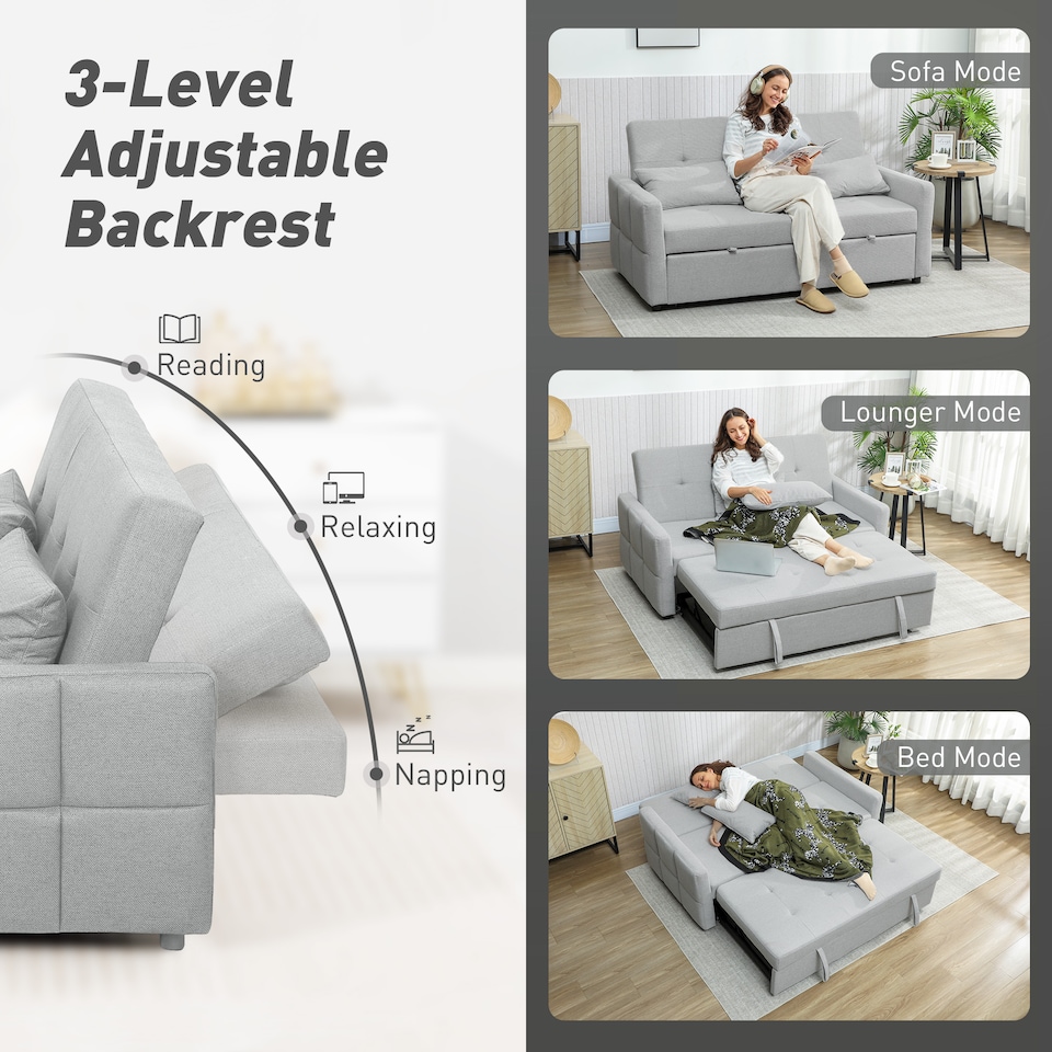 image 1 of HOMCOM 2 Seater Sofa Bed, Convertible Pull Out Bed Settee, Light Grey