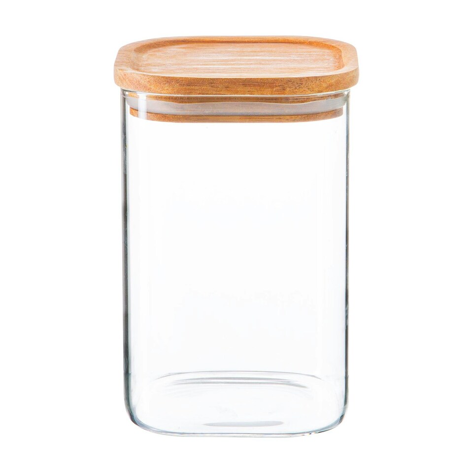 image 1 of Argon Tableware Square Glass Storage Jar with Wooden Lid - 1.1 Litre