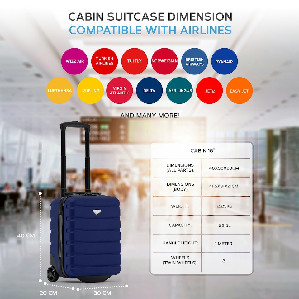 image 1 of Flight Knight Lightweight 2 Wheel ABS Hard Case Suitcases Cabin Carry On Hand Luggage 100+ Airlines Approved - Wizz, Ryanair & easyJet Free Carry On 40x30x20cm | Blue | Navy | Cabin Bag