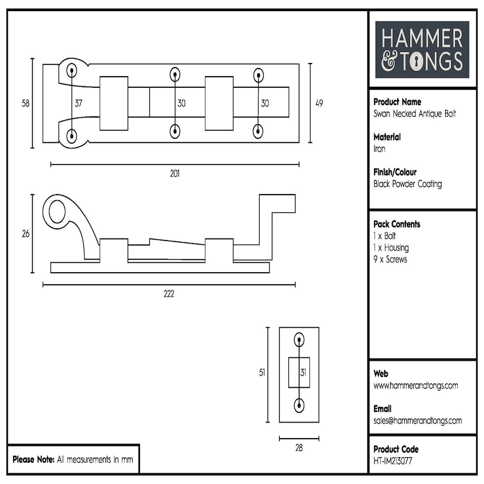 image 1 of Hammer & Tongs Cranked Antique Fish Tail Bolt - W200mm - Black | Black | Black