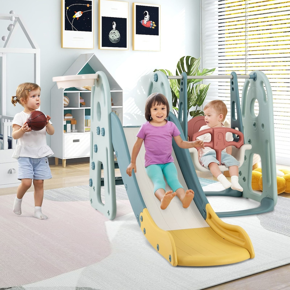 image 1 of COSTWAY 4-in-1 Kids Slide and Swing Set Freestanding Baby Slide Playset