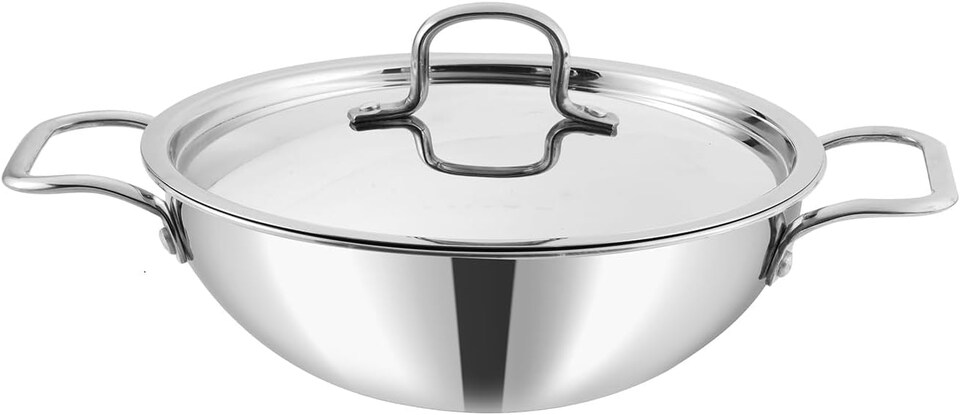 image 1 of Vinod Smart Triply Stainless Steel Cookware Deep Kadai with Stainless Steel Handled lid - Wok for Stir Fry Cooking (32 cm)