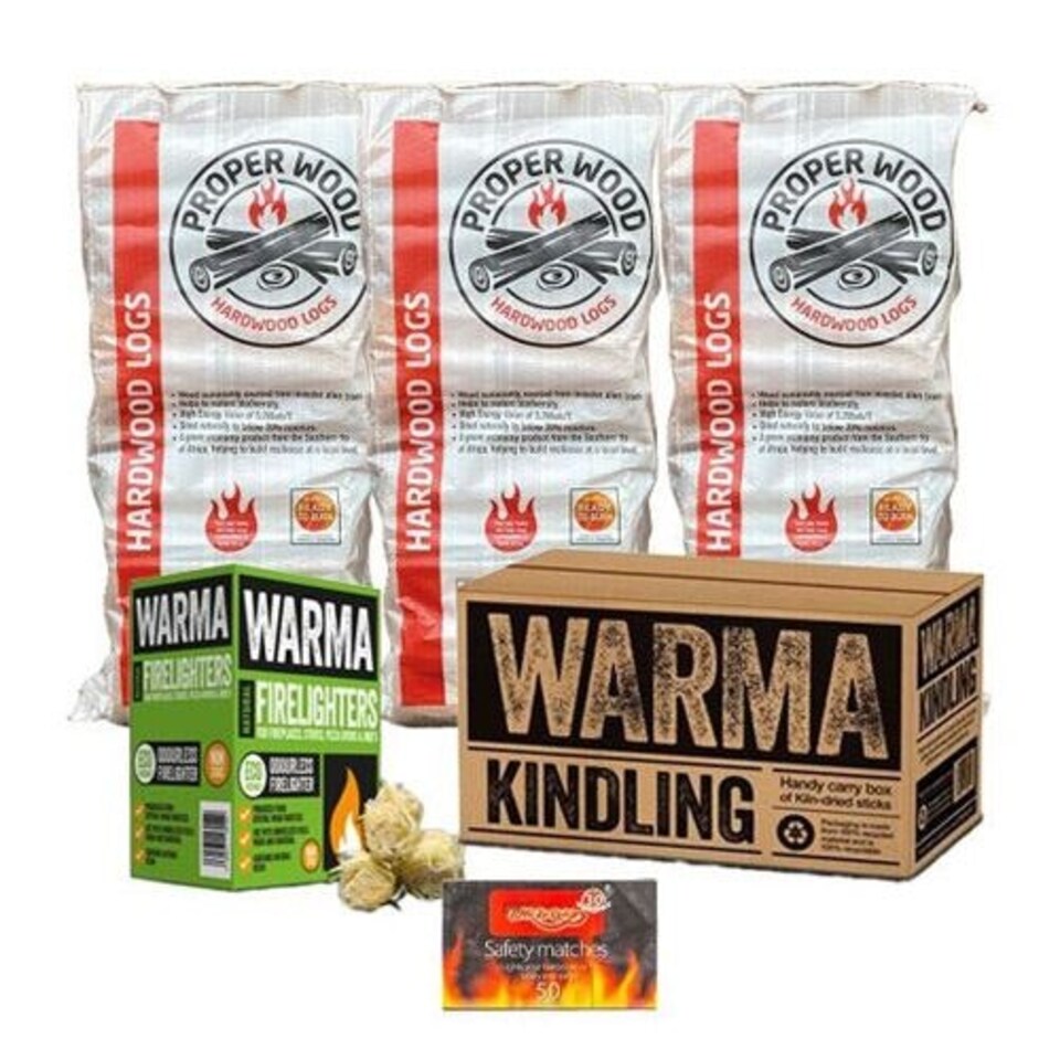 image 1 of Proper Wood South African Eucalyptus Hardwood Logs Bundle - 3 Bags Firewood, Firelighters, Matches & Large Box of Kindling