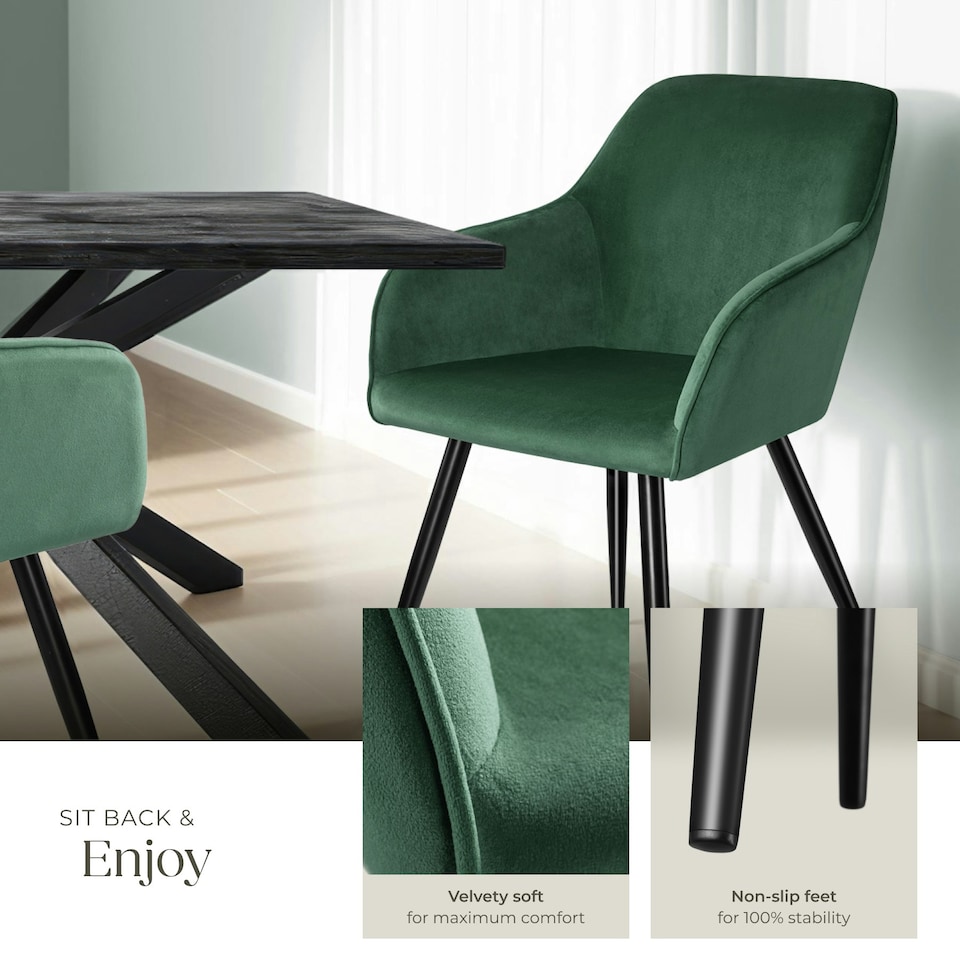 image 1 of Dining Chair Marilyn - with armrests, padded, velvet look, black steel legs - Set of 2 Green | Dark Green/Black