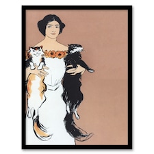 Woman Holding Two Cats Drawing Vintage Framed Wall Art Print Penfield 12x16"