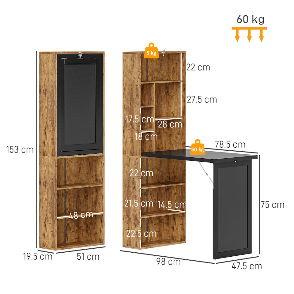 image 1 of HOMCOM Wall Mounted Computer Desk, Space Saving Folding Study Table with Black Board, Bookshelf, Floating Writing Desk with Adjustable Shelf, 9 Open Compartments for Small Space, Rustic Brown