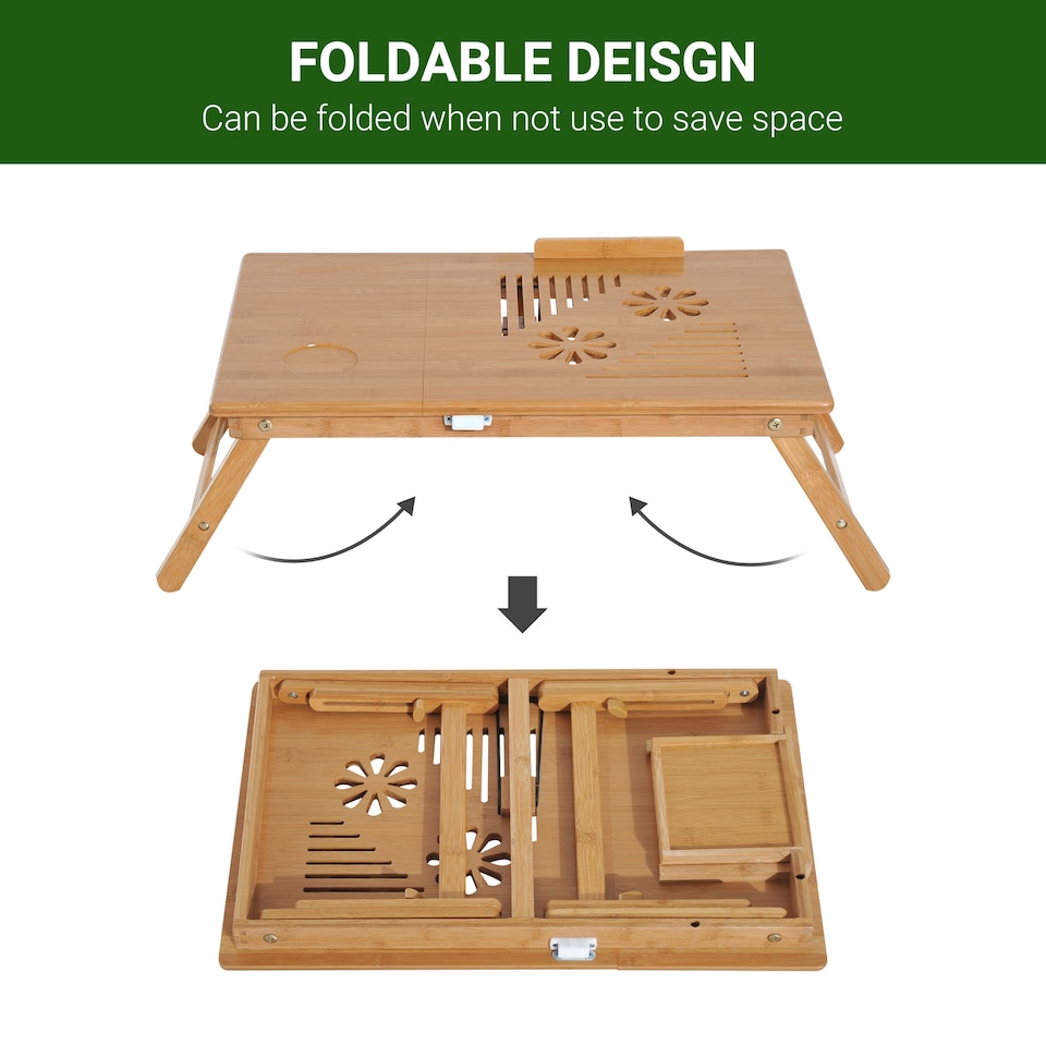 image 1 of HOMCOM Portable Laptop Desk Notebook Tray PC Bed Table Drawer Adjustable Bamboo