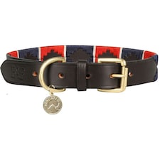 Benji & Flo Sublime Polo Leather Dog Collar - Red/Navy/White - L - Neckline: 46cm-56cm