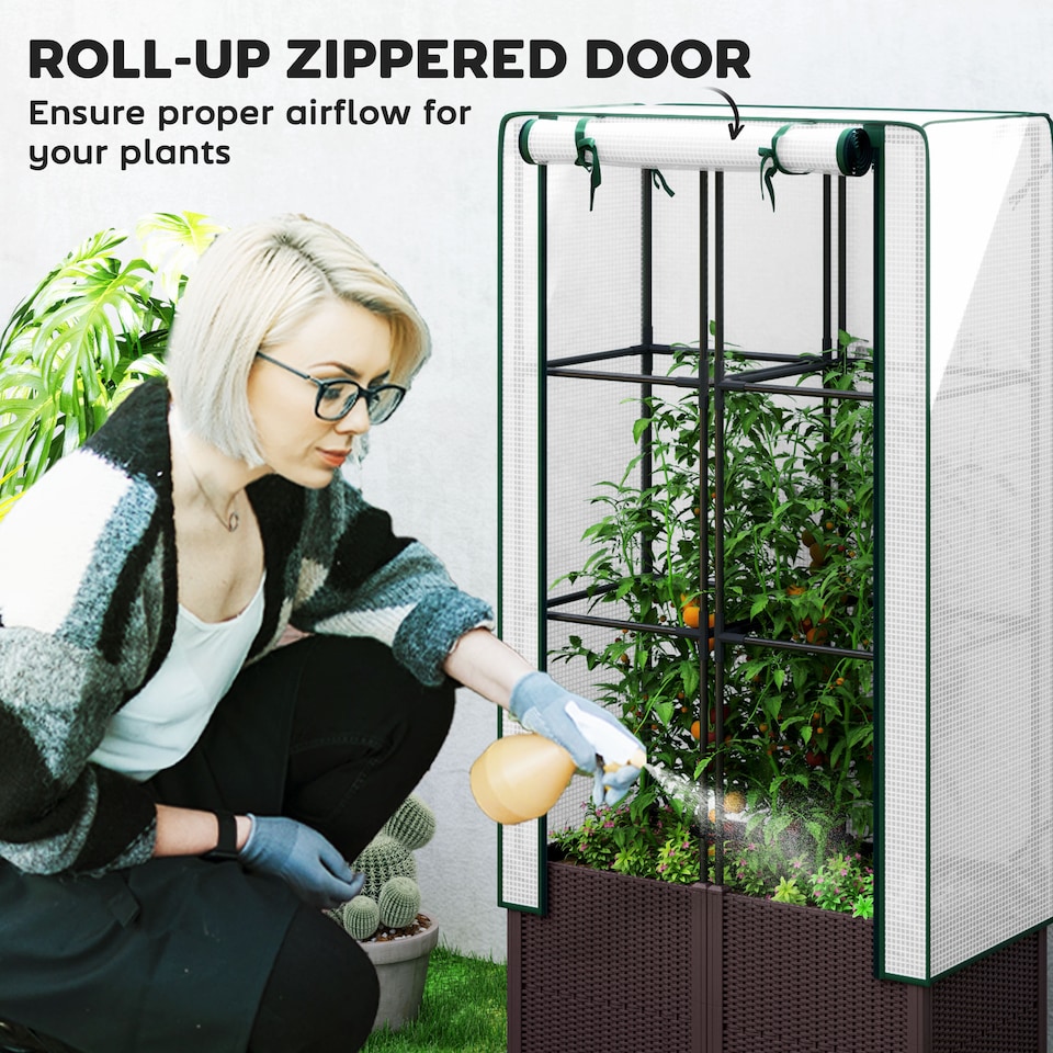 image 1 of Outsunny Plastic Vegetable Planter with Trellis, 80 x 40 x 140 cm | Brown | Brown