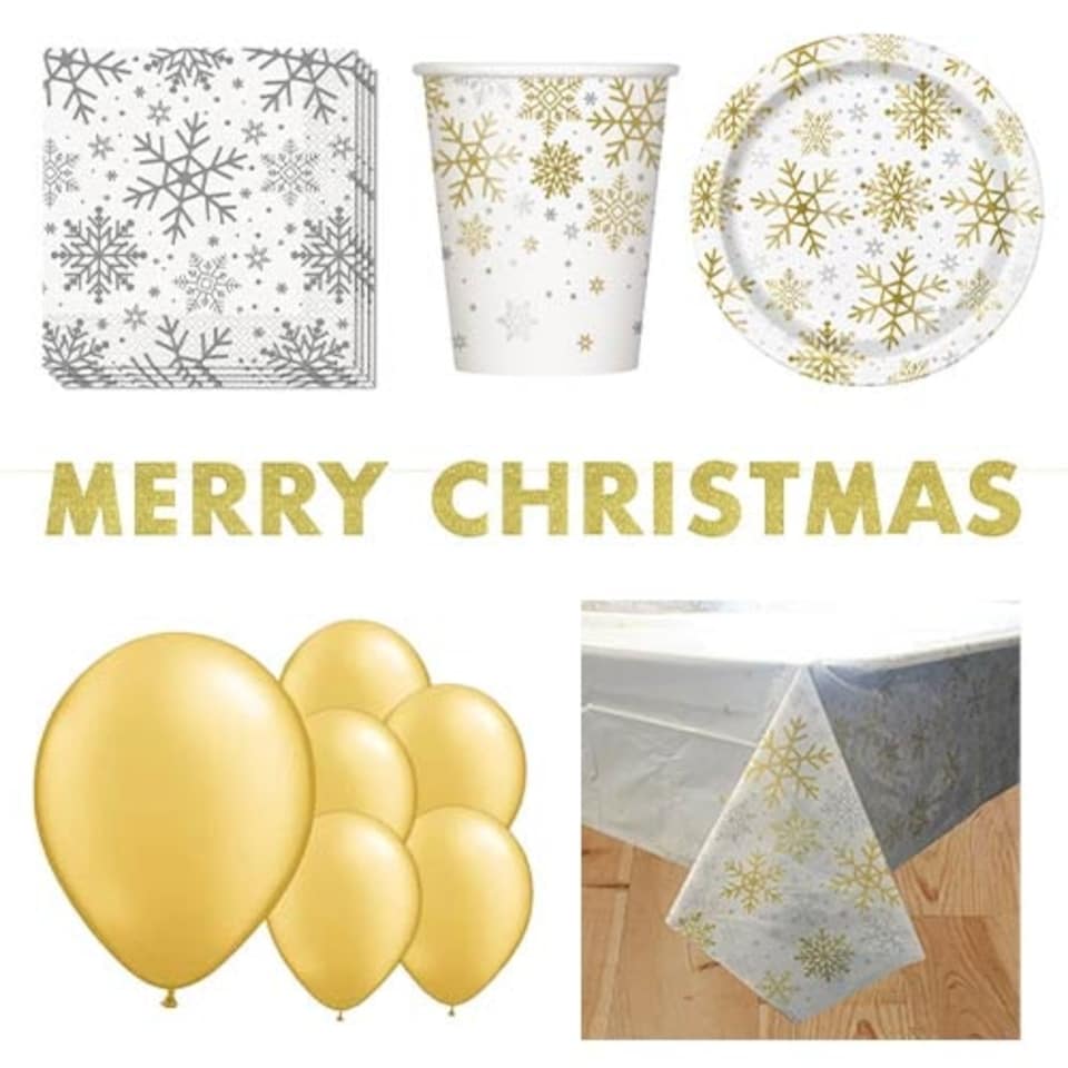 Silver And Gold Snowflakes Christmas 8 Person Deluxe Party Pack