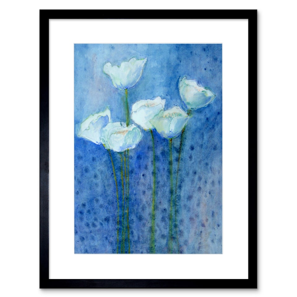 image 1 of White Tulips Flowers Floral Night Painting 9x7" Black Framed Wall Art Print