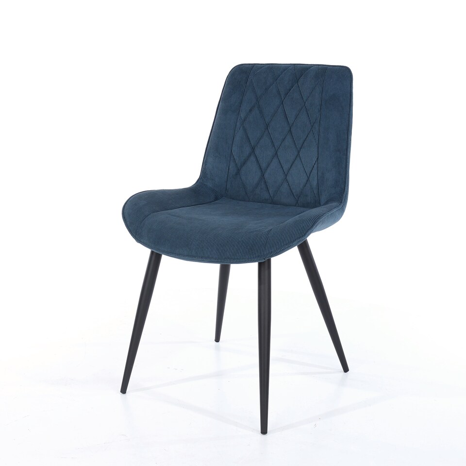 image 1 of Pair of Aspen Cord Fabric Diamond Stitch Dining Chairs with Curved Seat and Black Tapered Metal Legs | Blue | Blue | 1
