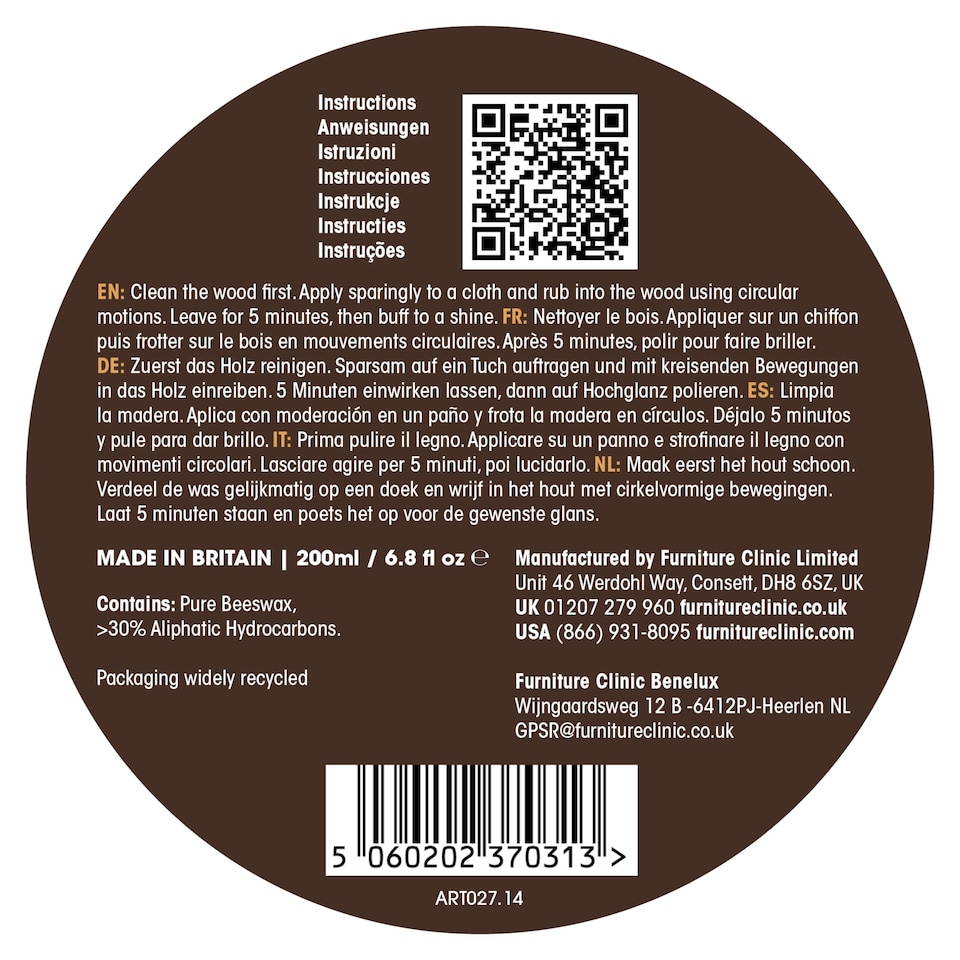 image 1 of Dark Oak Coloured Beeswax Polish for Wood & Furniture - 200ml – Natural Finishing Wood Wax for All Types of Furniture & Wooden Surfaces - Colour, Protect & Enhance Wood