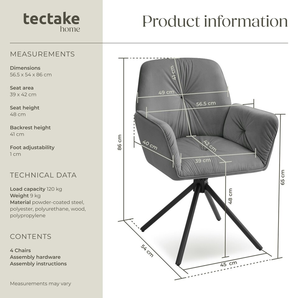 image 1 of Swivel Chair Lenia - upholstered, padded, 56.5 x 54 x 86 cm - Set of 4 Grey | Velvet Look Anthracite/Black