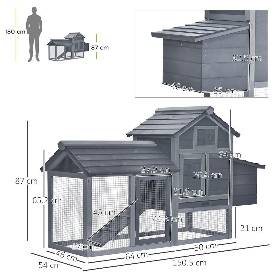 image 1 of PawHut Chicken Coop Hen Cage Small Animal Hutch Nesting Box Outdoor Run Grey