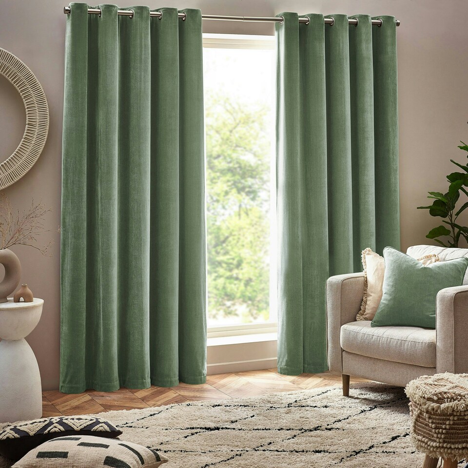 image 1 of Yard Heavy Chenille Velvet Eucalyptus Eyelet Curtains 229 x 229cm Multi