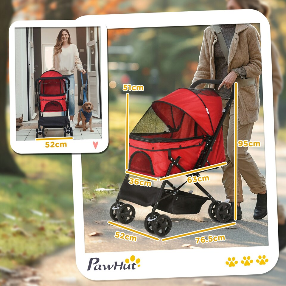 image 1 of PawHut Pet Stroller Dog Foldable Travel Carriage with Reversible Handle, Red