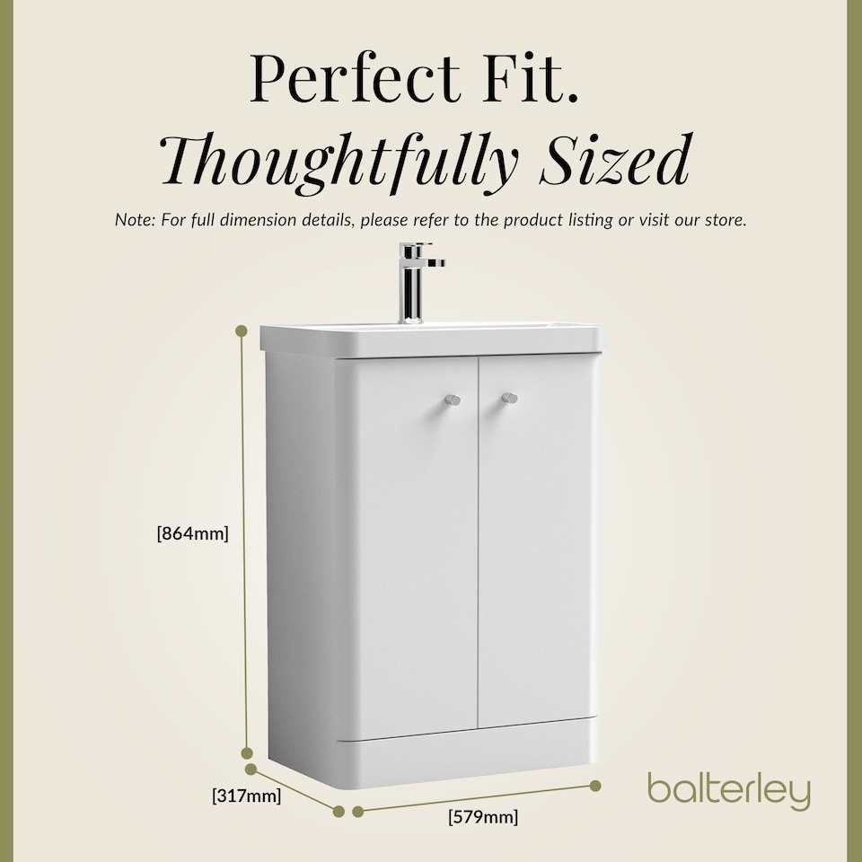 image 1 of Modern Bathroom Floor Standing 2 Door Vanity Unit Basin, White, 605mm | White | Gloss White | 355 x 605 x 864mm