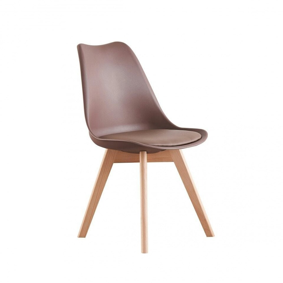 image 1 of Single Scandinavian Dining Chair with Leather Cushions Solid Wood Legs Brown