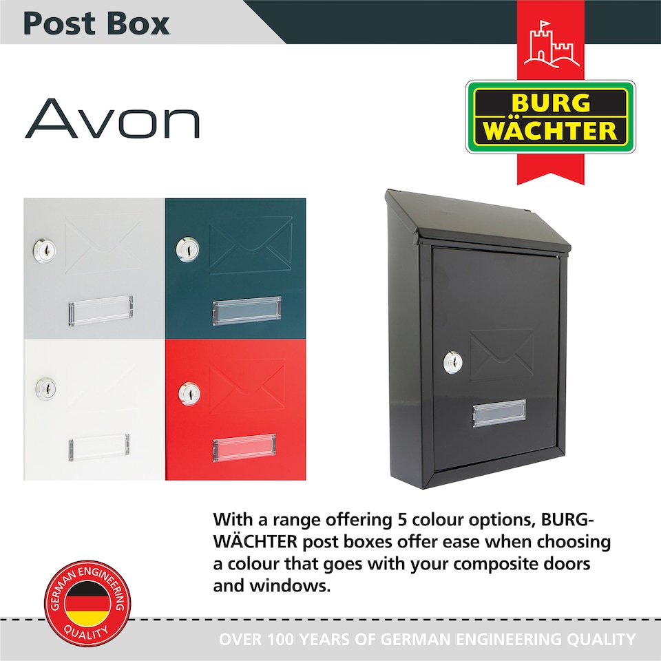 image 1 of Burg-Wachter Black Avon Dual Entry Wall Mounted Galvanised Steel Lockable Weatherproof Post Box - 21x30x7cm | Black | Black