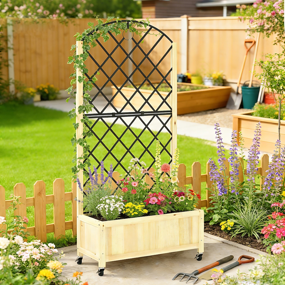 image 1 of Outsunny Garden Bed w/Metal Trellis, Wooden Elevated Planter Box, Natural | Brown | Natural wood | 72W x 36D x 168H cm