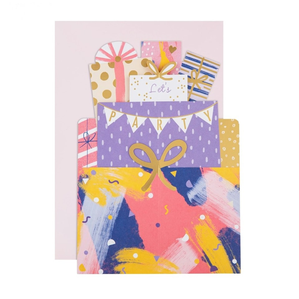image 1 of 3D Pop-Up Pink Stack of Presents Design Birthday Card