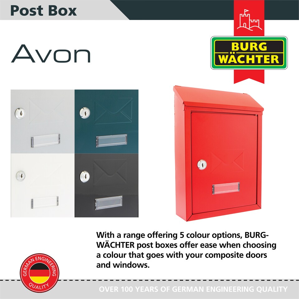 image 1 of Burg-Wachter Red Avon Dual Entry Wall Mounted Galvanised Steel Lockable Weatherproof Post Box - 21x30x7cm | Red | Red