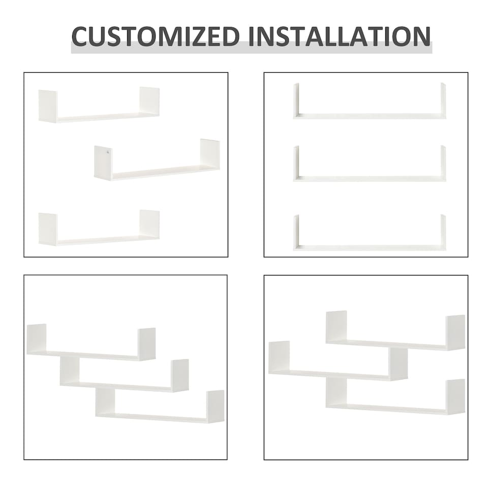 image 1 of HOMCOM Set of 3 Wooden U-Shaped Floating Shelves Set, 80cm Wall Mounted Hanging Bookshelf, CD DVD Storage Display for Bedroom Living Room Kitchen, White