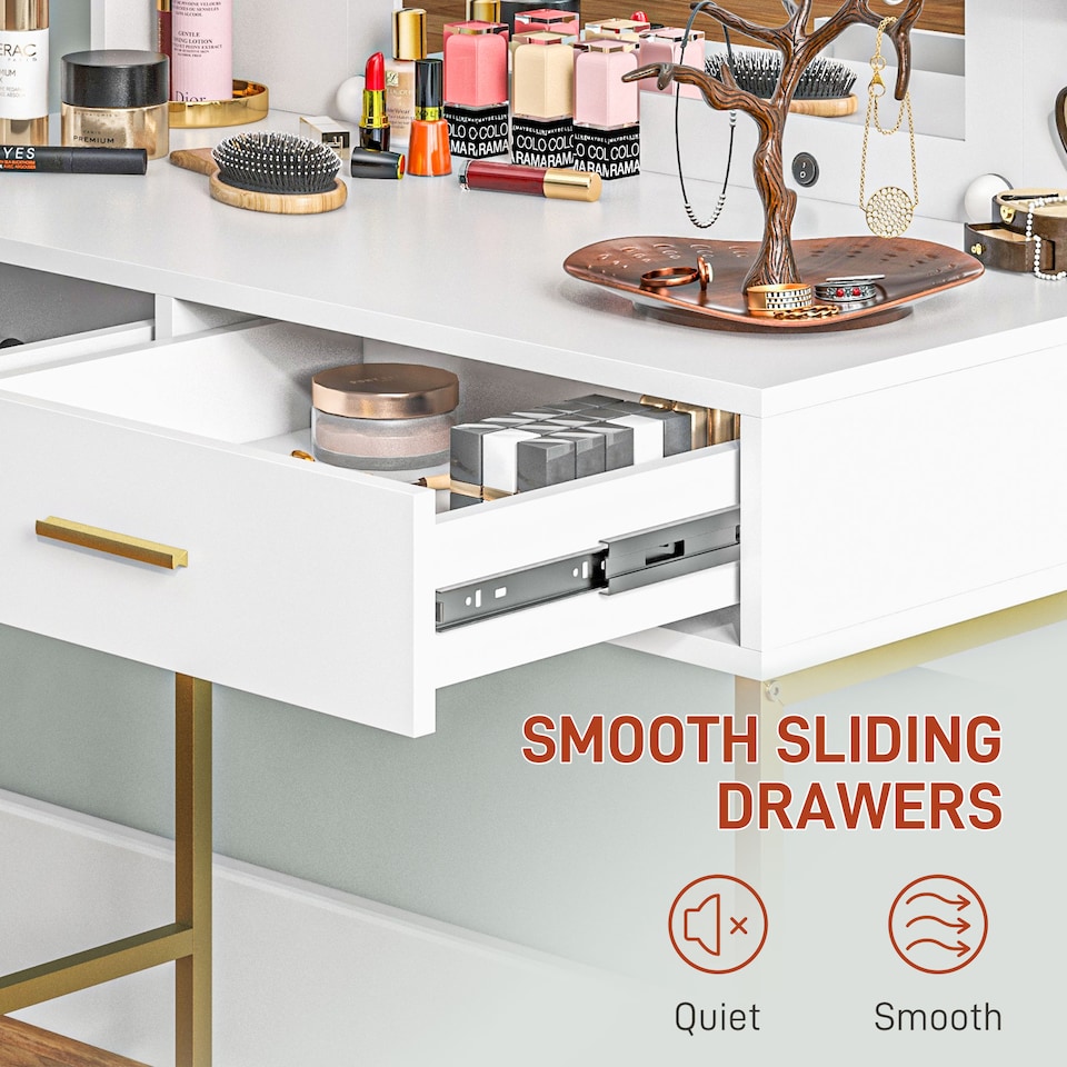 image 1 of HOMCOM Dressing Table with Lighted Mirror, Cushioned Stool, Drawers, Shelves, LED Makeup Vanity Desk Set, Modern Dresser Vanity Table for Bedroom, White